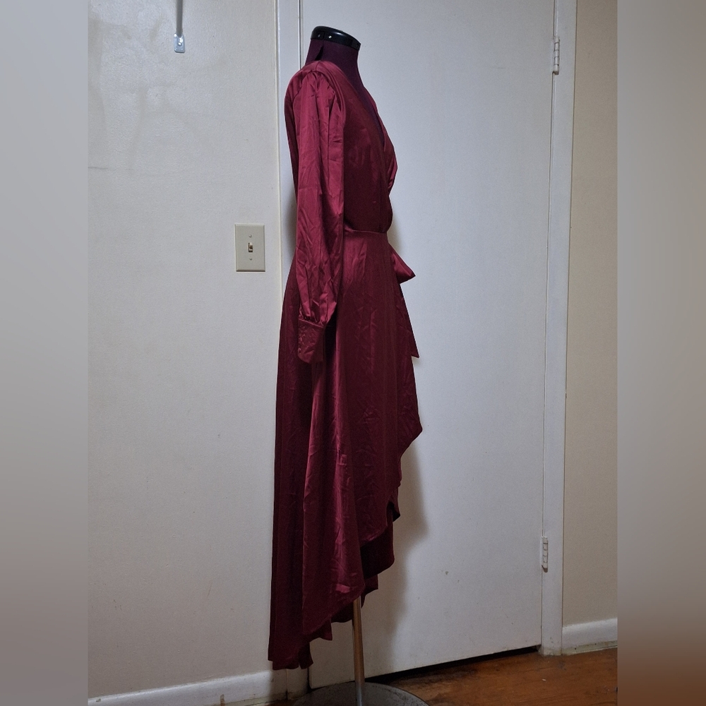 Shein red waist tie, high-low, long sleeve silk dress w/ button cuffs. Sz S - Picture 2 of 6
